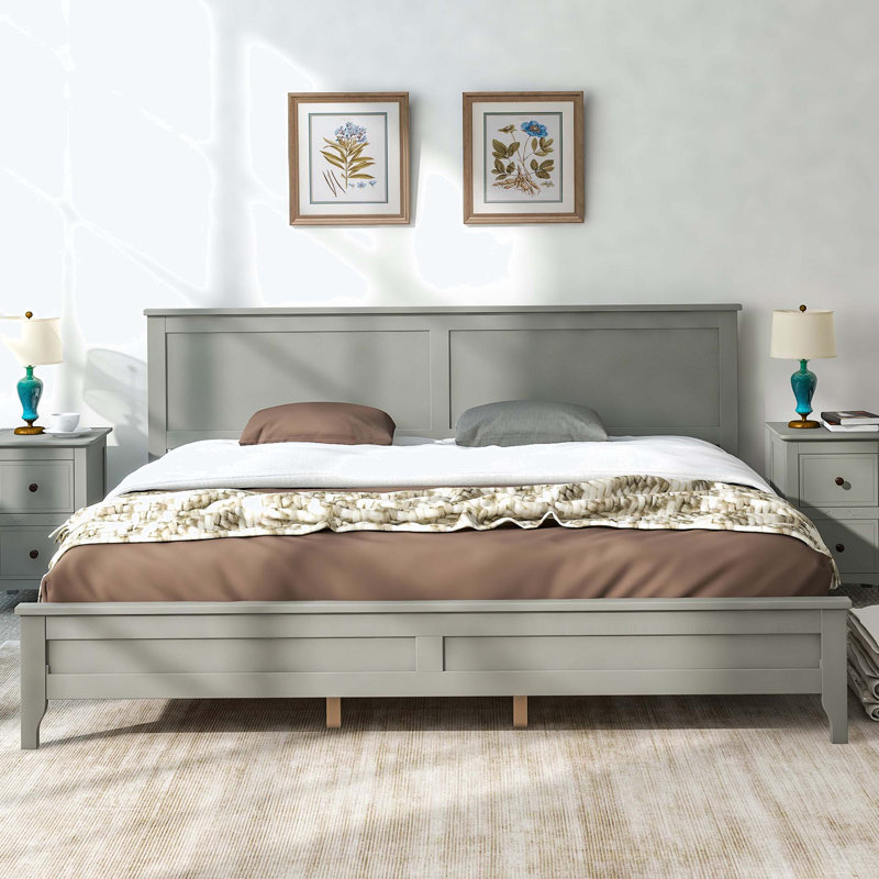 Modern Gray Solid Wood King Platform Bed